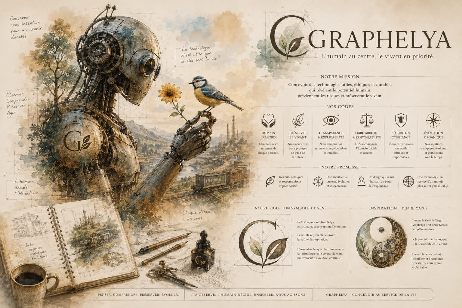 Manifeste graphique Graphélya mêlant robotique, nature et carnet de conception
